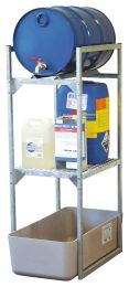Cemo Fassregal für 1 Stück 60-l-Fass und 1 Gitterrostauflage für Kleingebinde, Stahl verzinkt, mit GFK-Auffangwanne 65 l, BxTxH 450x820x1310 mm, 7640