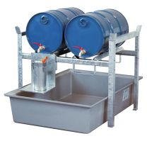 Cemo Fassregal, Stahl verzinkt, mit Fassauflage für 2x60-l-Fässer oder 1x200-l-Fass, GFK-Auffangwanne Auffangvolumen 220 l, BxTxH 990x1280x840 mm, 7663
