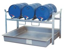 Cemo Fassregal, Stahl verzinkt, mit Fassauflage für 3x60-l-Fässer, GFK-Auffangwanne Auffangvolumen 220 l, BxTxH 1410x1280x840 mm, 7674