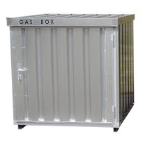 Gasflaschenboxen aus verzinkten Trapezblech, Deckel mit Gasdruckfedern, abschließbare Tür, Außenmaße BxTxH 1420x1080x1470 mm
