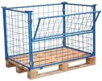 VARIOfit Palettenaufsatz, Höhe 800 mm, für Paletten 1000x1200 mm, Auflast 1000 kg, RAL 5012 lichtblau, mit 3 festen und 1 halb abklappbaren Wand, pa-100.022
