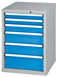Schubladenschrank, 6 Schubladen: 2x75, 1x100, 2x150, 1x200, mm, BxTxH 578x600x840 mm, RAL 7035/5012