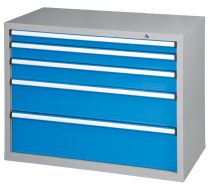 Schubladenschrank, 5 Schubladen: 1x75, 1x100, 1x125, 1x200, 1x250 mm, BxTxH 1037x600x840 mm, RAL 7035/5012