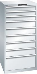 Lista Schubladenschrank, Traglast/Schubl.: 200 kg, 9 Schubladen 3x100, 5x150, 300 mm, Zylinderschloss, BxTxH 717x725x1450 mm, RAL 7035, 13.106.020