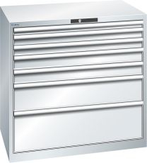 Lista Schubladenschrank, Traglast/Schubl.: 200 kg, 7 Schubladen 50, 2x75, 2x100, 1x200, 1x300 mm, Zylinderschloss, BxTxH 1023x725x1000 mm, RAL 7035, 14.516.020