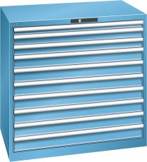 Lista Schubladenschrank, Traglast/Schubl.: 200 kg, 10 Schubladen 50, 2x75, 7x100 mm, Zylinderschloss, BxTxH 1023x725x1000 mm, RAL 5012, 14.514.010