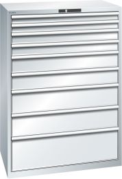 Lista Schubladenschrank, Traglast/Schubl.: 75 kg, 9 Schubl.: 2x75, 2x100, 2x150, 2x200, 1x300 mm, Zylinderschloss, BxTxH 1023x725x1450 mm, RAL 7035, 78.296.020