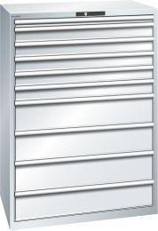 Lista Schubladenschrank, Traglast/Schubl.: 75 kg, 10 Schubl.: 1x50, 5x100, 4x200 mm, Zylinderschloss, BxTxH 1023x725x1450 mm, RAL 7035, 78.298.020
