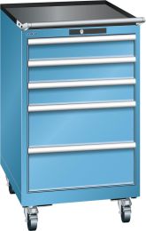 Lista Schubladenschrank, Traglast/Schubl.: 75 kg, fahrbar, 5 Schubladen: 3x100, 2x200 mm, Zylinderschloss, B xTxH 564x725x990 mm, RAL 7035, 14.397.020