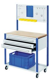 Workstation fahrbar, Arbeitplatte Buche-Multiplex, Lochplatte, 3 Schubladen je 100 mm hoch, BxTxH 1000x500x1730 mm, RAL 7035/5010