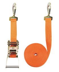 Zweiteiliger Zurrgurt, mit gedr. Karabinerhaken, 4000 daN zul. Zugkraft in der Umr., Gurtbr. 50 mm, Länge 8 m, Farbe orange, 4 Streifen, VE 2 Stück