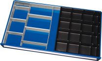 Einteilungssortiment für Schubladen BxT 1055x560 mm: Kleinteileeinsatz mit 16 Fächern, 3 Trennwände, 6 Steckwände, für Fronthöhe 60-90 mm
