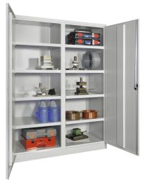 Schwerlastschrank, Vollblechtüren, mit Trennwand, 8 beschichtete Böden, BxTxH 1040x630x1950 mm, RAL 7035
