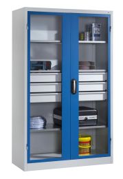 CP Großraum-Werkzeugschrank mit Sichfensterflügeltüren, 3 Schubladen mittig, 3 Verstellböden, BxTxH 1200x500x1950 mm, RAL 7035/5010