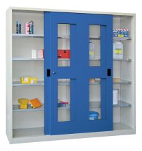 Schiebetürenschrank, Sichtfenstertüren, 8 verzinkte Böden, mit Trennwand, BxTxH 2000x400x1950 mm, RAL 7035/5010