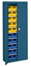 Flügeltürenschrank, BxTxH 680x280x1740 mm, RAL 5007 brillantblau, Fachlast 50 kg, mit Sichtlagerkästen: 20xGr. 4 gelb, 20xGr. 4 blau