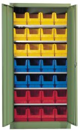 Flügeltürenschrank, BxTxH 950x420x1950 mm, RAL 6011 resedagrün, Fachlast 80 kg, mit Kästen: 8xGr. 3 rot, 8xGr. 3 blau, 12xGr. 3 gelb