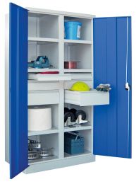 Schwerlastschrank, Vollblechtüren, mit Trennwand, 6 beschichtete Böden, Schubl.: 2x75,2x125, 2x175 mm, BxTxH 1040x630x1950 mm, RAL 7035/5010