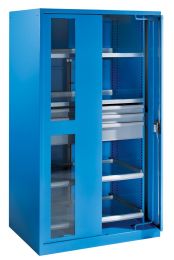 Lista Schwerlastschrank mit Einschwenktüren und Sichtscheiben, Zylinderschloss, 3 Schubladen, 2 Auszugböden, BxTxH 1146x690x1950 mm, RAL 5012, 59.542.010
