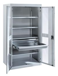 Lista Schwerlastschrank, Sichtfenstertüren, Zylinderschloss, BxTxH 1100x641x1950 mm, RAL 7035, 98.090.020