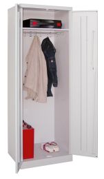 Garderobenschrank mit Sockel, 1 fester Fachboden, 1 Stange mit 10 Haken, BxTxH 600x500x1800 mm, RAL 7035