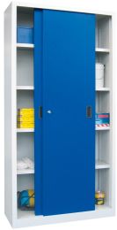 Schiebetürenschrank, Vollblechtüren, 4 verzinkte Böden, ohne Trennwand, BxTxH 1000x400x1950 mm, RAL 7035/5010