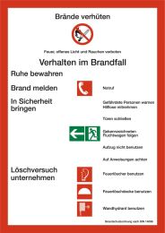 Hinweisschild, Aushang Brände verhüten-Verhalten im Brandfall, Kunststoff langnachleuchtend, 210x297 mm