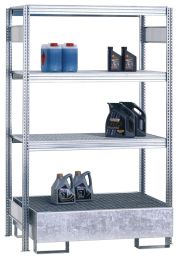 Umweltregal, Grundfeld, offener Rahmen, mit 3 Gitterrost-Fachebenen und Auffangwanne Auffangvolumen 210 l, BxTxH 1285x600x2000 mm