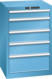 Lista Schubladenschrank, Traglast/Schubl.: 75 kg, 5 Schubladen: 100, 3x150, 200 mm, Zylinderschloss, BxTxH 564x572x850 mm, RAL 5012, 14.256.010