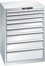 Lista Schubladenschrank, Traglast/Schubl.: 75 kg, 8 Schubladen: 50, 2x75, 2x100, 2x150, 200 mm, Zylinderschloss, BxTxH 717x725x1000 mm, RAL 7035, 14.414.020