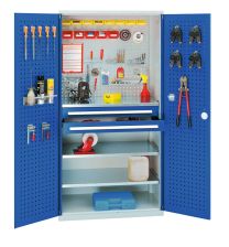 Werkzeugschrank, Türen mit Schlitzplatte, 2 Schubl. + 3 Fachb., BxTxH 1000x600x1950 mm, RAL 7035/5010