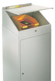 Pultaufsatz, aufklappbarer Deckel mit Abrollkante, Zylinderschloss, BxTxH 495x495x95/270 mm, RAL 7035