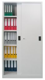 Schiebetürenschrank, Vollblechtüren, 8 verzinkte Böden, mit Trennwand, BxTxH 1500x400x1950 mm, RAL 7035