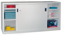 Schiebetürenschrank, Vollblechtüren, 4 verzinkte Böden, mit Trennwand, BxTxH 2000x400x1000 mm, RAL 7035