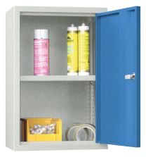 Hängeschrank, 1 Vollblechtür, Rückwand glatt, 1 verstellbarer Boden, Zylinderschloss, BxTxH 400x300x600 mm, RAL 7035/5010
