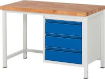 Werkbank, BxTxH 1250x700x840 mm, Platte Buche 40 mm, 3 Schubladen 180 mm, RAL 7035/5010