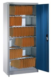 CP Flügeltürenschrank, BxTxH 930x400x1950 mm, 6 Pendelstangen System Elba/Leitz, RAL 7035/5010 lichtgrau/enzianblau