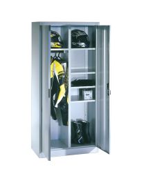 CP Flügeltürenschrank, BxTxH 930x500x1950 mm, links 1 Hutboden + 1 Kleiderstange, rechts 4 halbe Böden, RAL 7035 lichtgrau