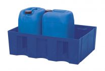 Auffangwanne aus Polyethylen, flache Ausführung, mit Polyethylen-Gitterrost, Auffangvolumen 60 l, BxTxH 725x525x235 mm, blau