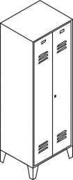 Garderobenschrank - paarw. zuein. schlagende Türen - BxTxH 1190 / 1590x500x1850 mm - 4 Abteile - Abt.B=300 / 400 mm - Füße - 5 verschiedene Farben